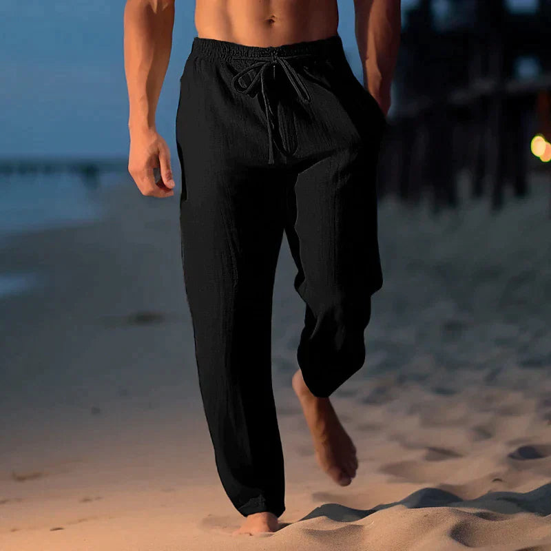 Lightweight men's summer pants, linen blend, relaxed fit with functional drawstring waist detail.