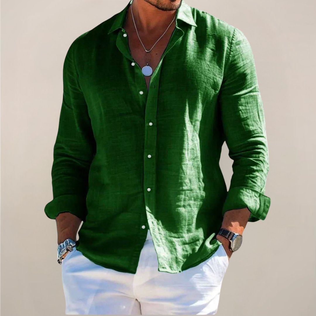 Men's relaxed long sleeve top, a button down shirt in a comfortable fit, perfect for casual spring and summer looks.
