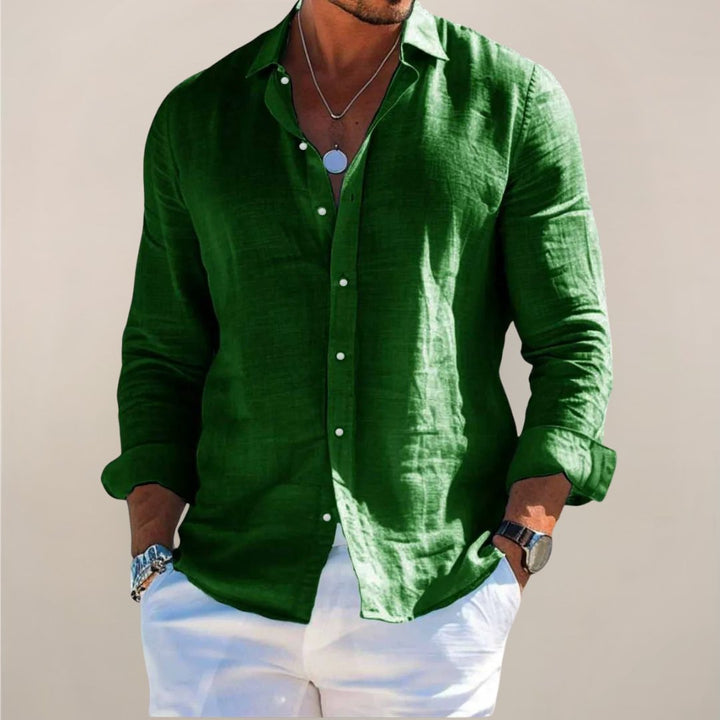 Men's relaxed long sleeve top, a button down shirt in a comfortable fit, perfect for casual spring and summer looks.