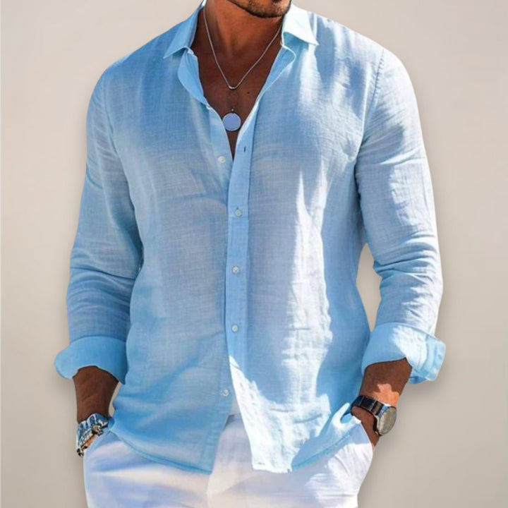 Front view of a men's relaxed fit long sleeve button down shirt, offering casual elegance and supreme comfort.