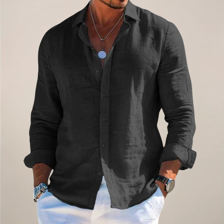 Versatile men's relaxed button down shirt. A comfortable long sleeve top for various casual and semi-formal occasions.