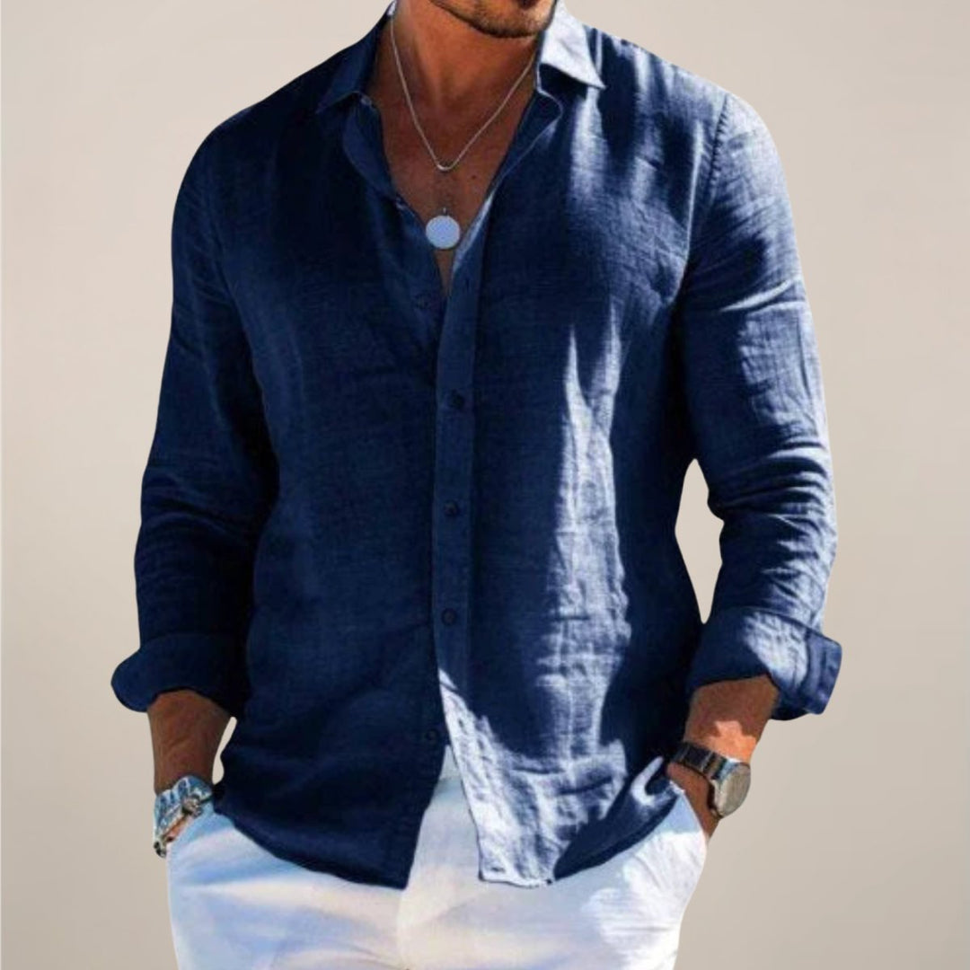 Modern men's long sleeve button down shirt. Relaxed fit design provides comfort and a stylish look for any day.