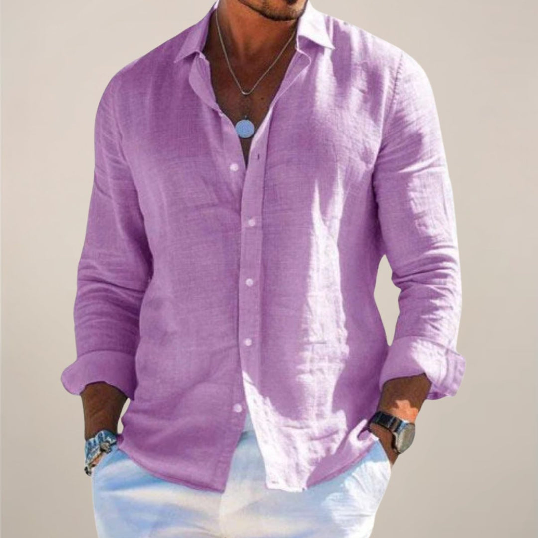 Effortless men's relaxed fit long sleeve button down shirt, a breathable top for warm weather casual menswear.