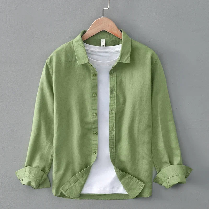 Effortless men's warm weather long sleeve button-down shirt, relaxed fit, versatile for any casual look.