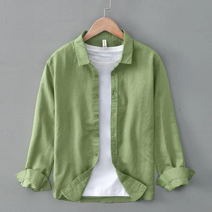 Effortless men's warm weather long sleeve button-down shirt, relaxed fit, versatile for any casual look.