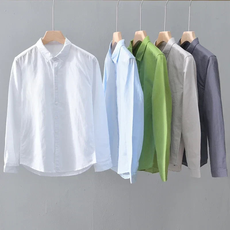 Breathable men's casual button-down, relaxed fit, long sleeve, essential for summer and everyday wear.