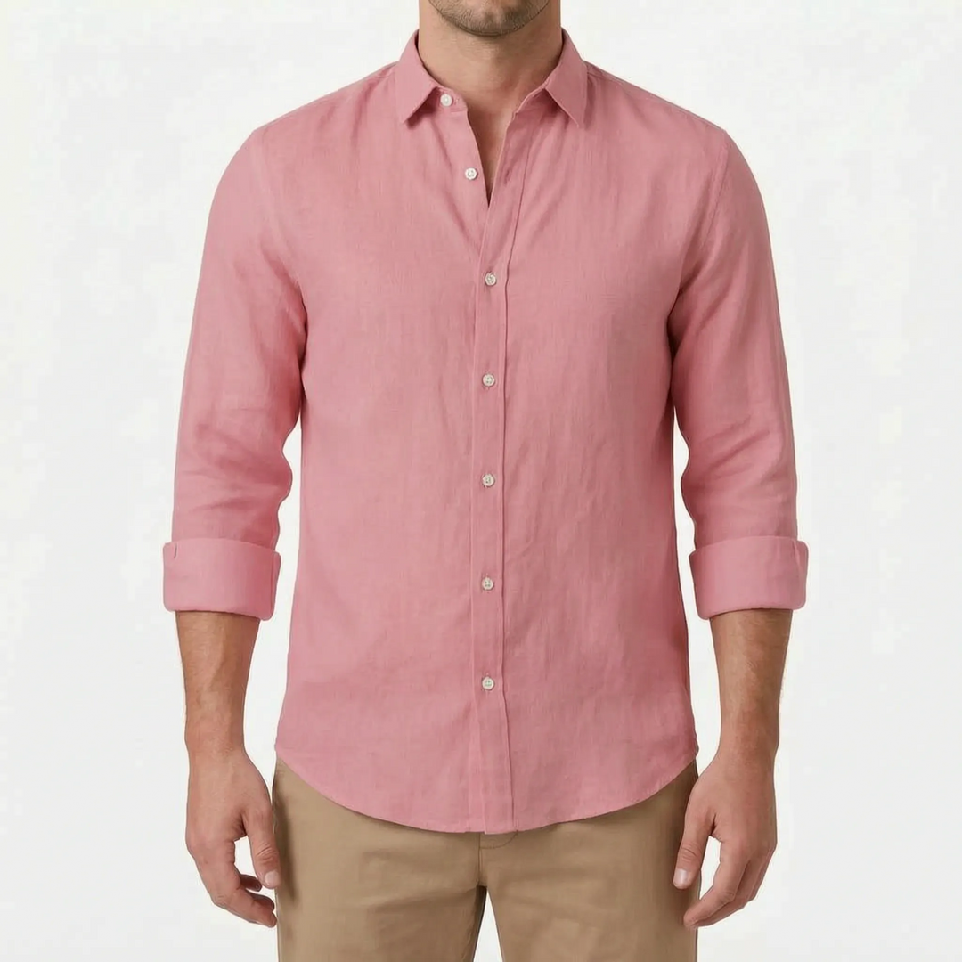 Solid color men's long-sleeve casual button-up shirt. Relaxed fit, perfect for versatile everyday wear.