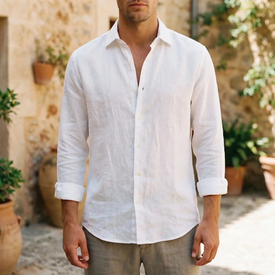 Men's relaxed fit long-sleeve button-up shirt for casual comfort. Lightweight summer apparel.