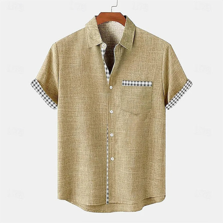Stylish men's button-up shirt with subtle gingham trim, a versatile long sleeve top for casual summer fashion.