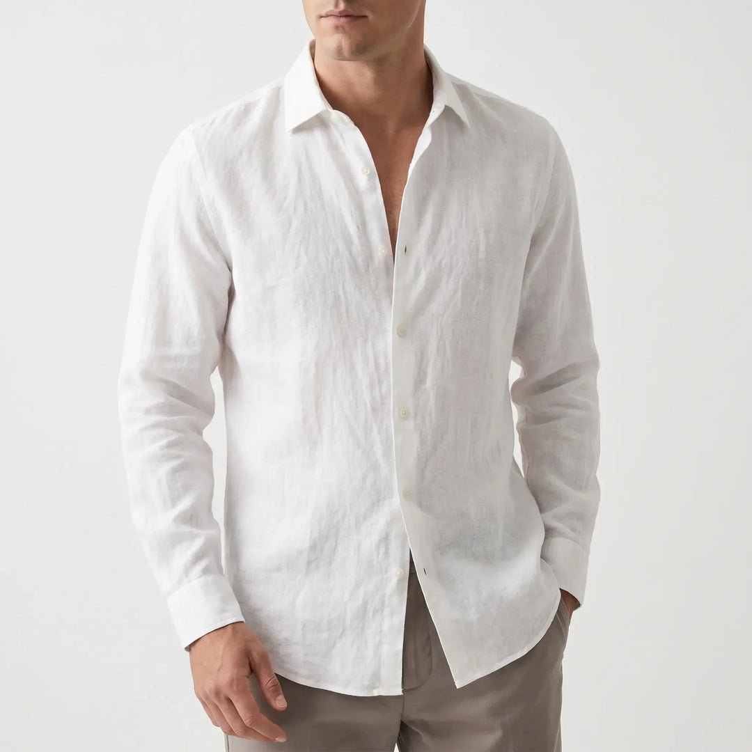 Solid color men's casual long-sleeve shirt. Perfect for beachwear & travel. Relaxed fit.