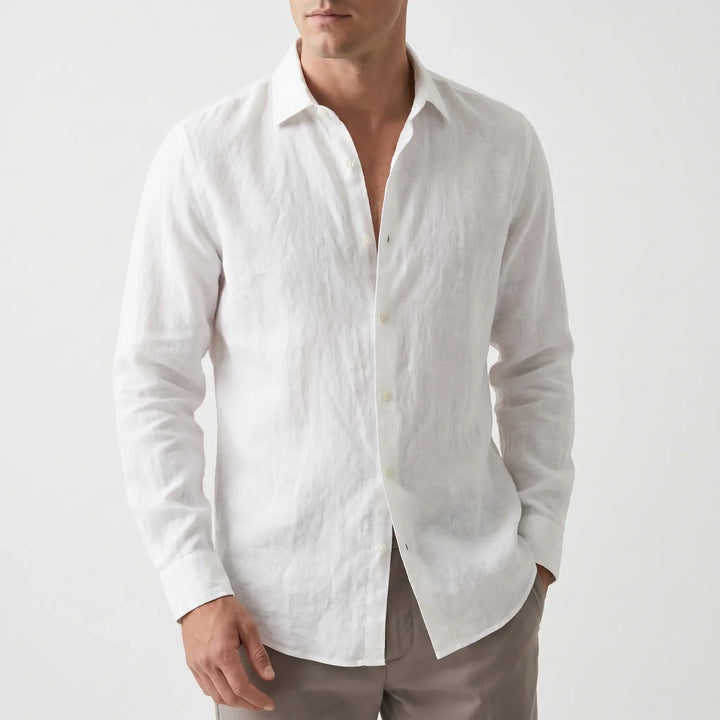 Solid color men's casual long-sleeve shirt. Perfect for beachwear & travel. Relaxed fit.