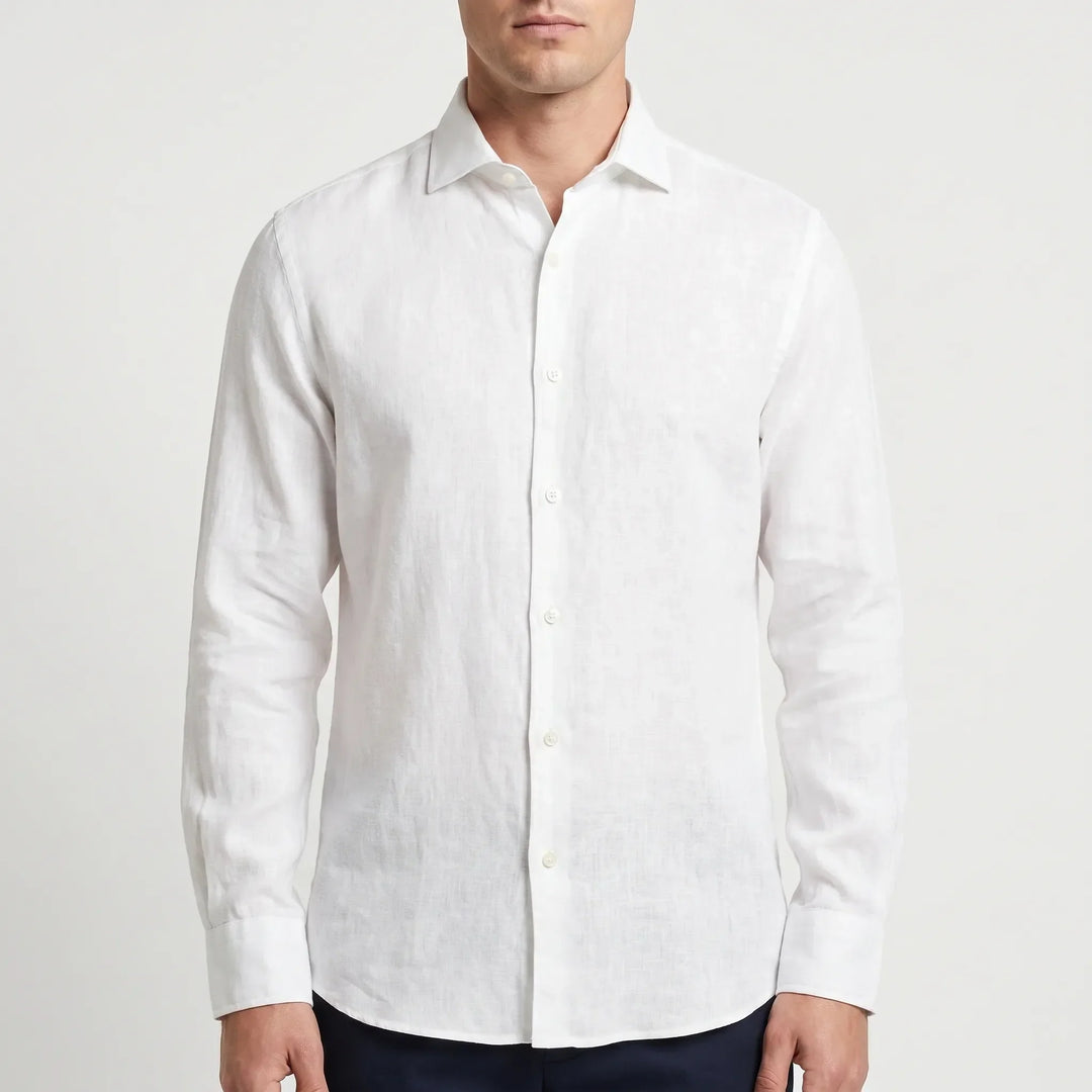 Solid men's button-up long-sleeve shirt. Relaxed fit, perfect for casual outings & beach days.
