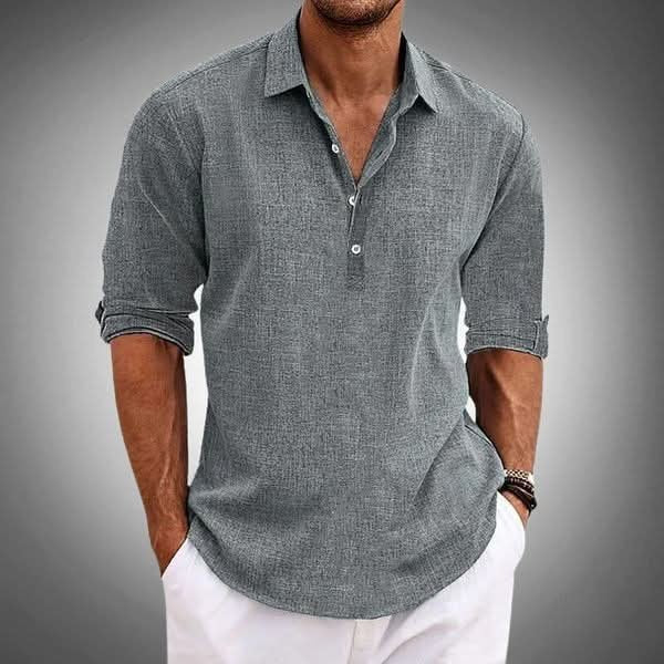 Stylish men's long sleeve Henley shirt with a relaxed fit, ideal for effortless spring and summer casual wear.