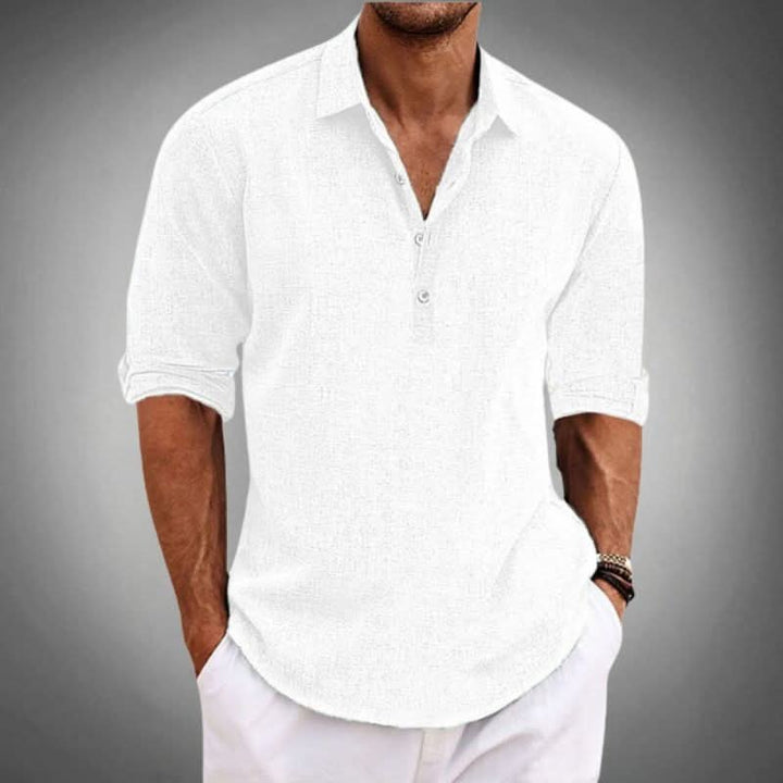 Lightweight men's long sleeve Henley shirt, offering relaxed fit and effortless style for casual spring fashion.