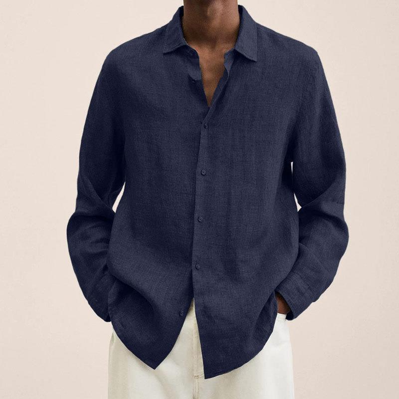 Men's relaxed fit long sleeve linen cotton blend shirt in light blue, perfect for casual summer wear.