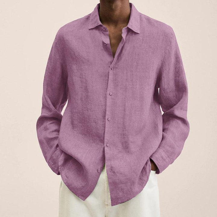 Men's relaxed fit long sleeve linen cotton shirt in soft beige, a versatile and breathable summer shirt.