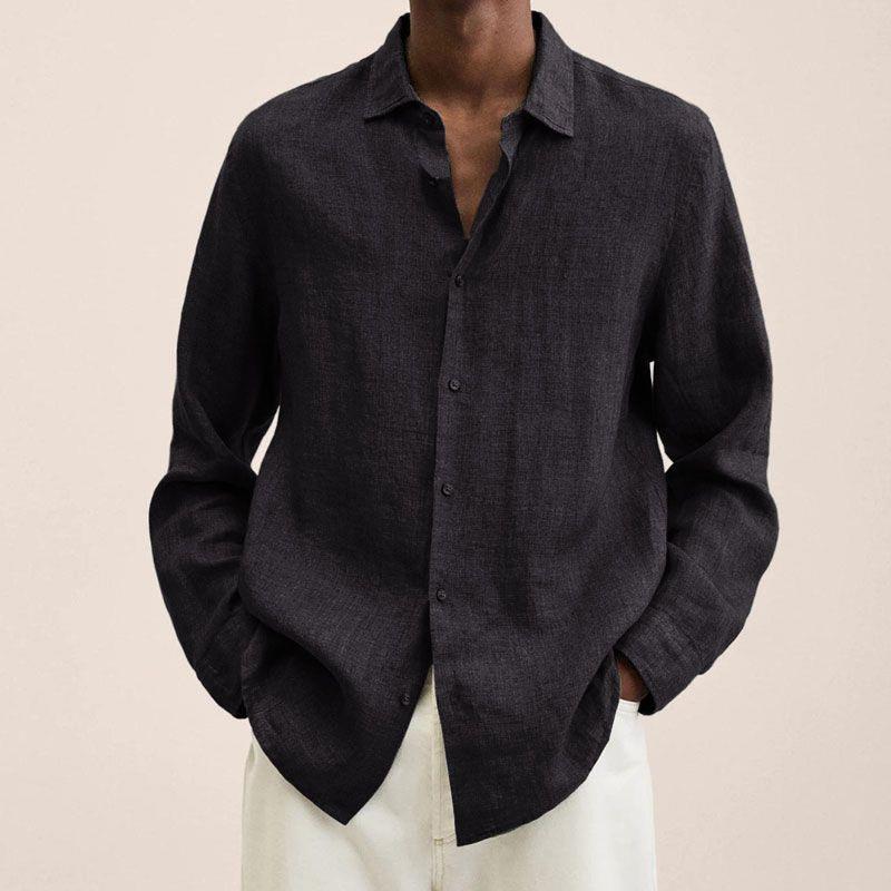 Stylish men's casual shirt: long sleeve linen cotton blend in an olive green, relaxed fit for comfort.