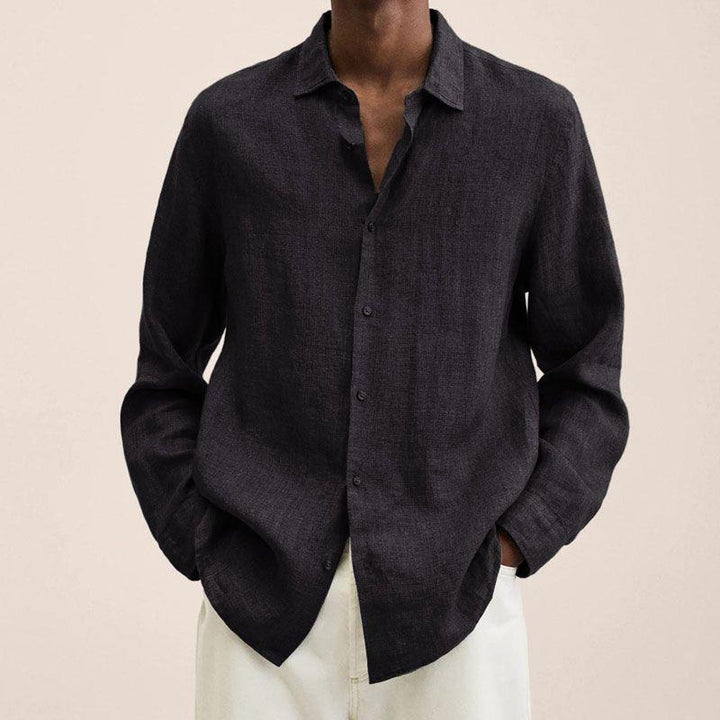 Stylish men's casual shirt: long sleeve linen cotton blend in an olive green, relaxed fit for comfort.
