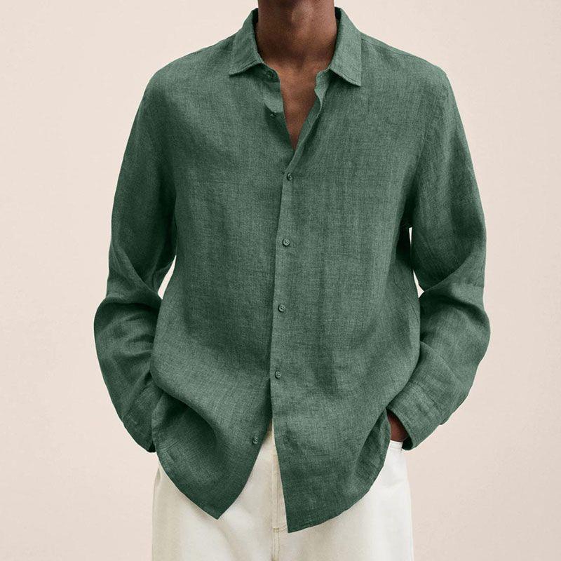 Men's long sleeve linen cotton shirt, a relaxed fit top perfect for breathable comfort in summer.