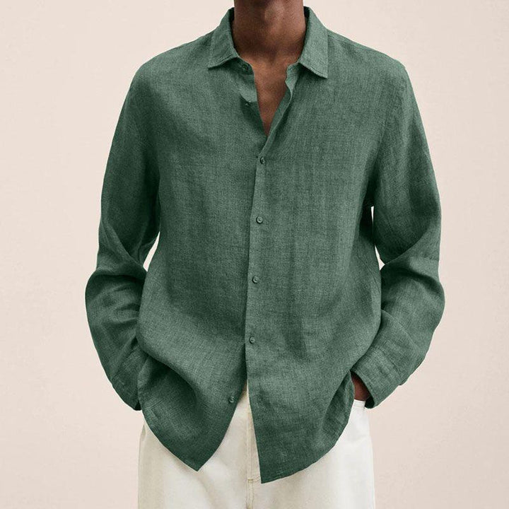 Men's long sleeve linen cotton shirt, a relaxed fit top perfect for breathable comfort in summer.