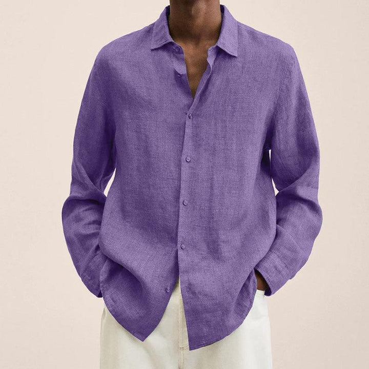 Finn men's relaxed fit long sleeve linen cotton shirt in white, ideal breathable fabric for warm weather.
