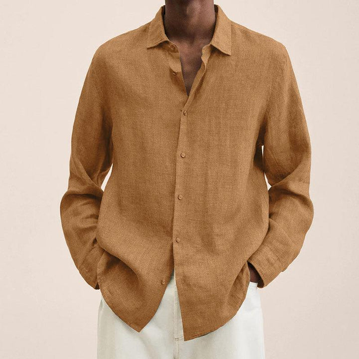 Men's long sleeve linen cotton shirt in a relaxed fit, an essential men's top for breathable comfort.