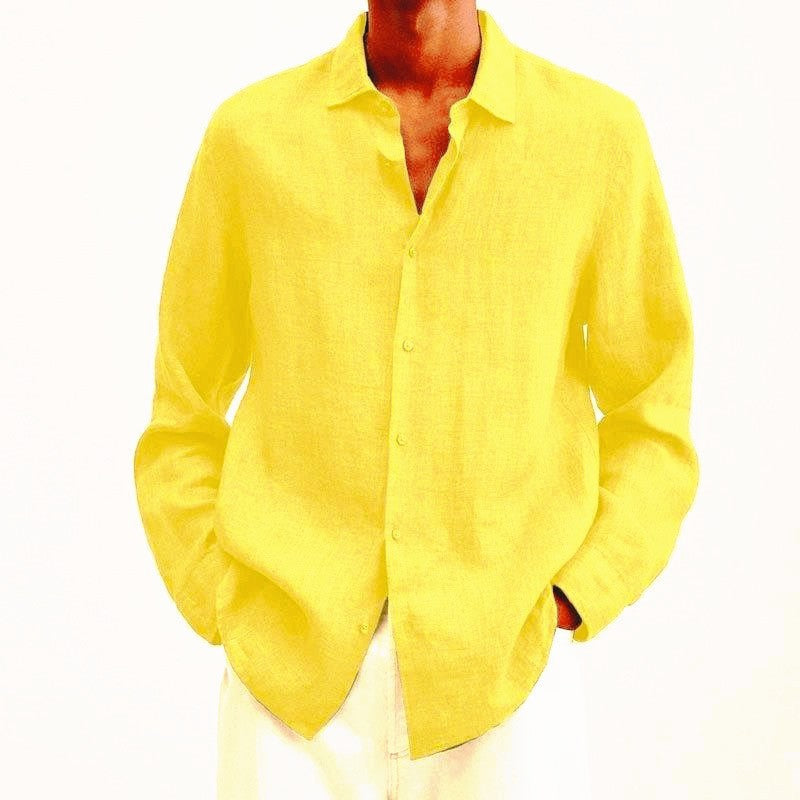 Back view of a men's Finn long sleeve linen cotton shirt, emphasizing its relaxed fit and casual style.