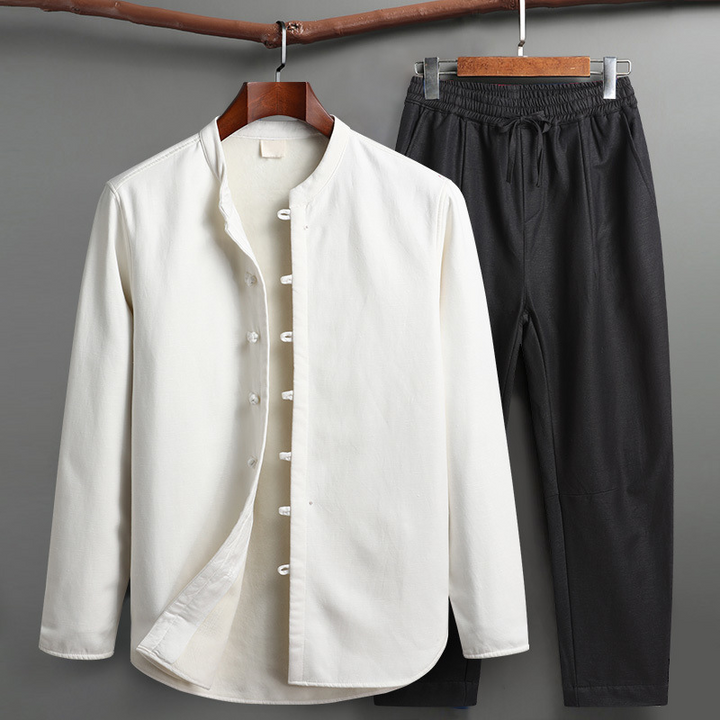 Stylish men's loungewear set featuring a mandarin collar and drawstring pants for comfort.