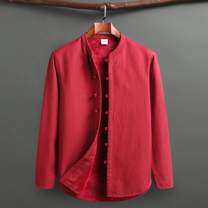 Stylish two-piece men's loungewear with a mandarin collar and relaxed fit for comfort.