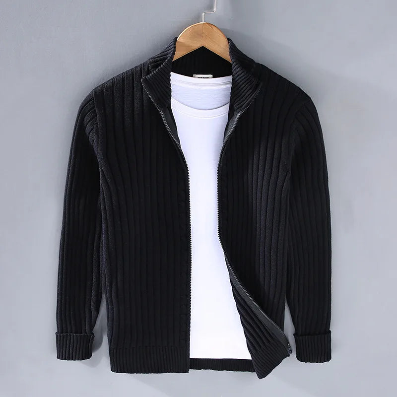 Close-up of fabric texture on a men's relaxed fit open front casual jacket. Soft, comfortable outerwear for stylish layering.