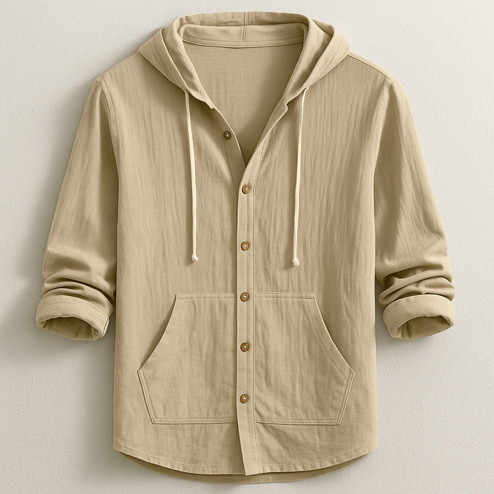 Close-up of comfortable men's long sleeve oxford hoodie shirt fabric & hood detail.