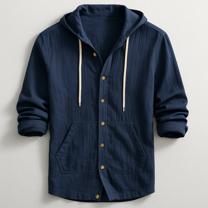 Back view of a men's relaxed fit oxford hoodie shirt, showcasing comfortable, long-sleeve casual style.
