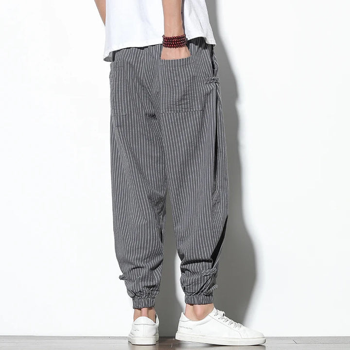 Mens pinstripe joggers in a comfortable relaxed fit, essential casual wear for any wardrobe.