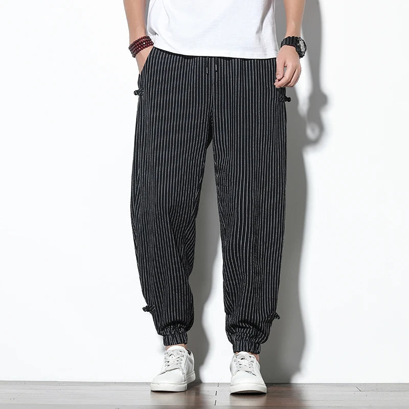 Drawstring waist men's pinstripe pants, offering comfortable relaxed fit for casual and active wear.