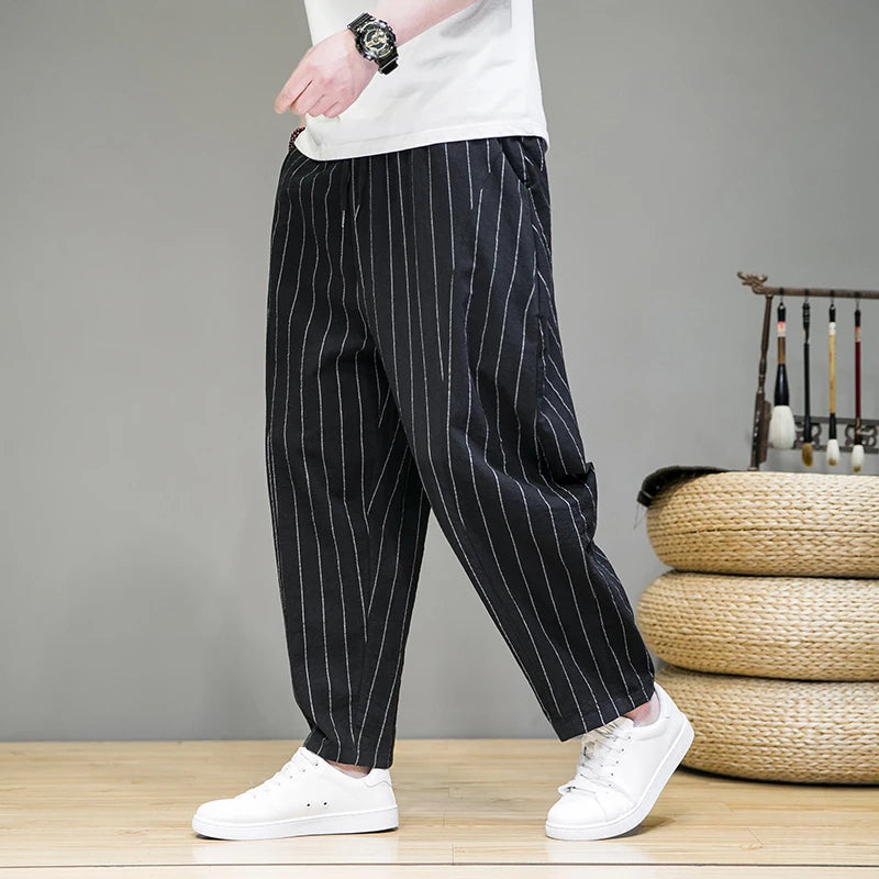 Soft men's relaxed pinstripe lounge pants, ideal for ultimate comfort, casual wear, and a stylish weekend look.