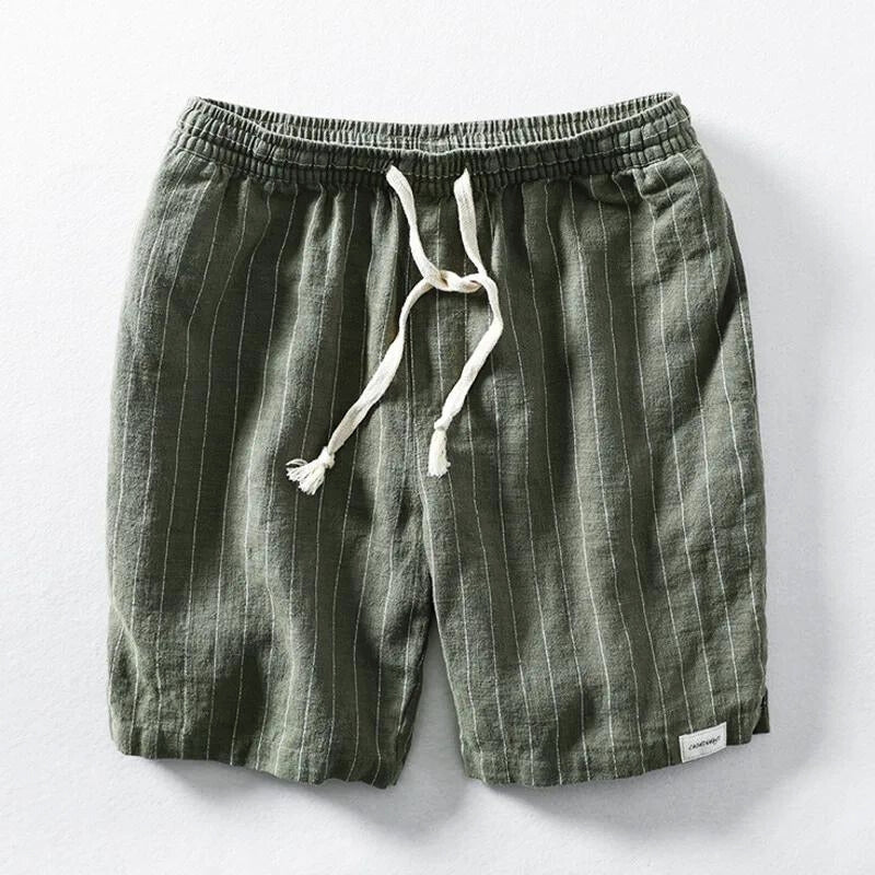 Men's relaxed fit pinstripe summer shorts with elastic waist and drawstring, ideal for warm weather.