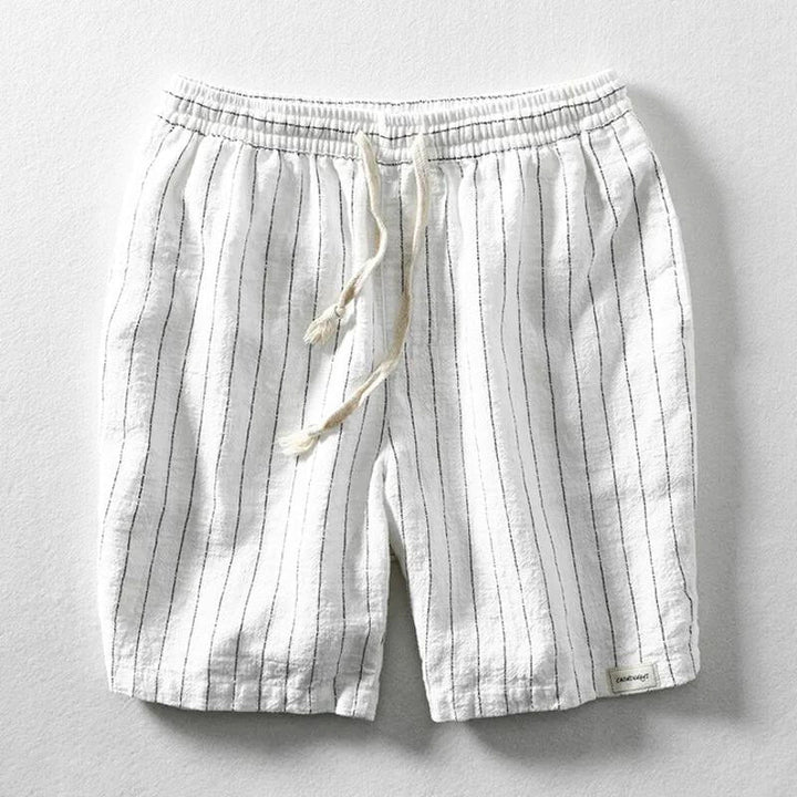 Stylish men's casual pinstripe shorts, relaxed fit & breathable for summer comfort. Features elastic waist.