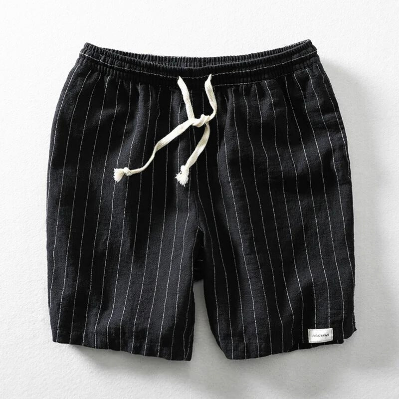 Men's relaxed fit pinstripe summer shorts, casual style with elastic waist and drawstring, perfect for warm days.