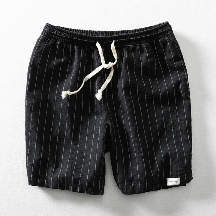 Men's relaxed fit pinstripe summer shorts, casual style with elastic waist and drawstring, perfect for warm days.