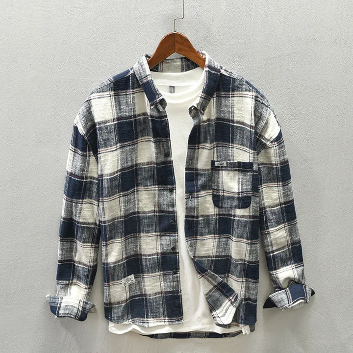 Comfortable men's relaxed fit plaid button-down shirt, a versatile long sleeve for casual everyday wear.
