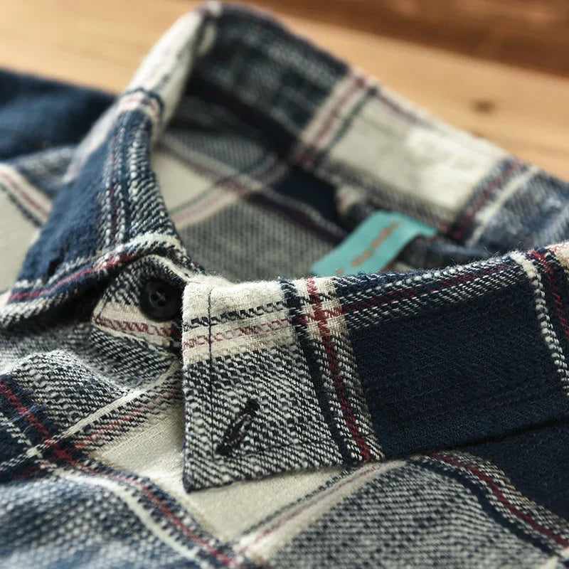 Men's long sleeve plaid button-down shirt in a relaxed fit, ideal casual menswear for daily comfort.