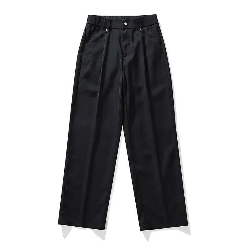Full shot: Men's relaxed fit pleated dress trousers, showcasing modern design, comfort wear, & versatility.