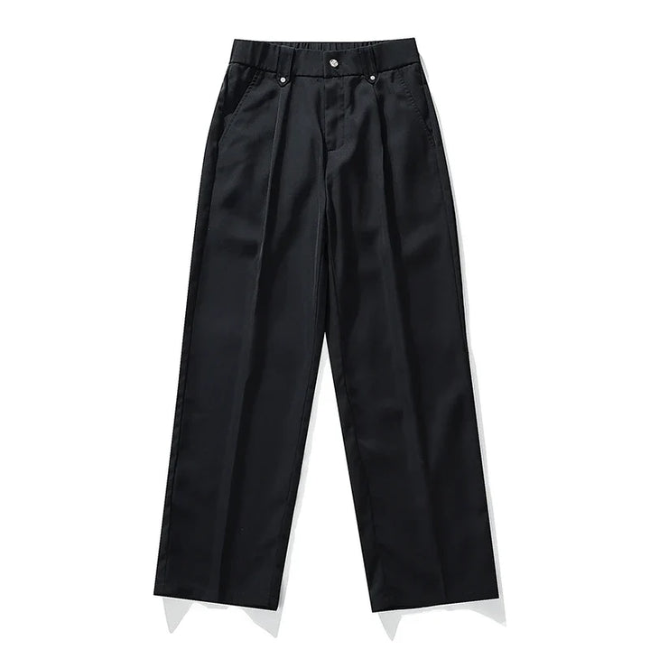 Full shot: Men's relaxed fit pleated dress trousers, showcasing modern design, comfort wear, & versatility.