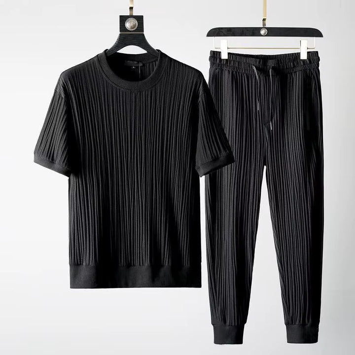 Black men's relaxed fit pleated lounge set for ultimate all-day comfort and effortless casual style.