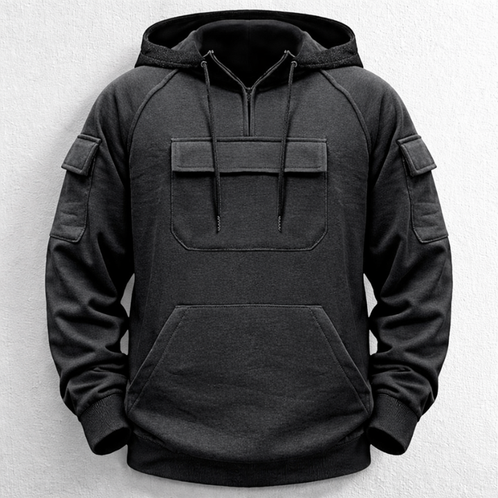 Close-up of a soft men's relaxed fit pullover hoodie, showing texture, comfort, and quality for everyday wear.