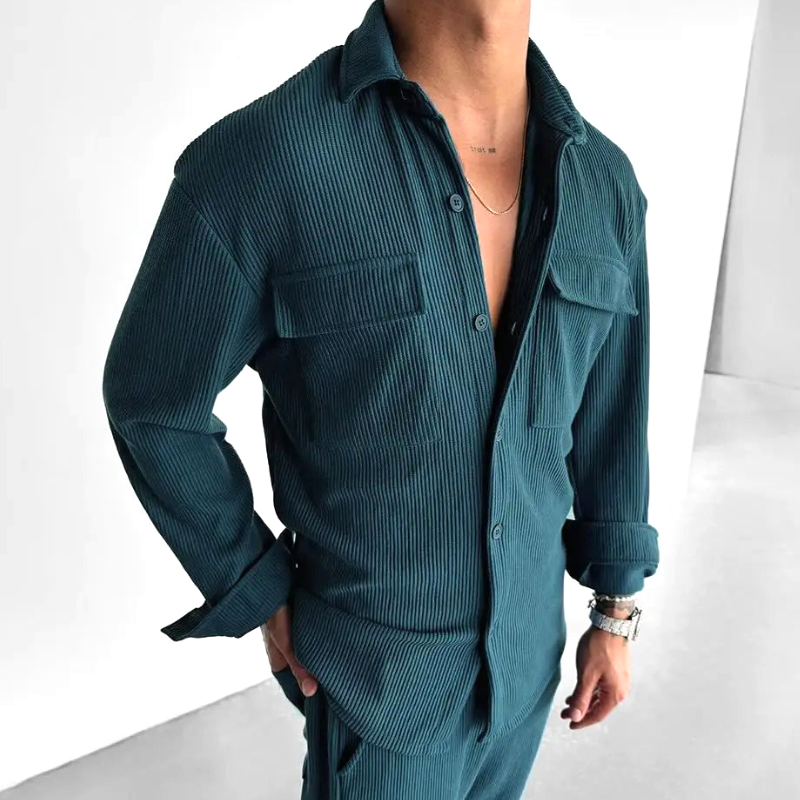 White men's ribbed button-down lounge shirt with a relaxed, oversized fit for effortless style.