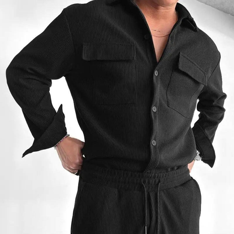Black men's contour ribbed lounge shirt, a versatile top for casual or relaxed everyday fashion.