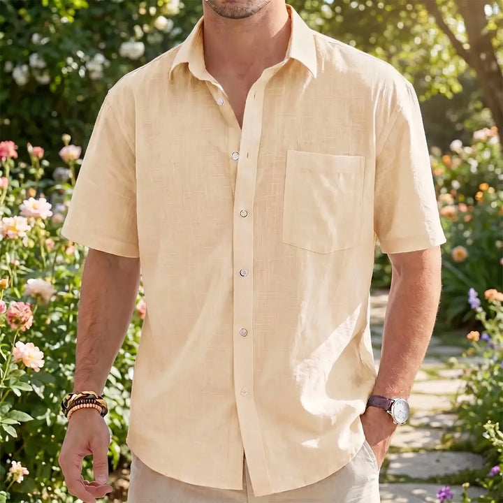 Men's relaxed fit short sleeve button down shirt for casual summer style.