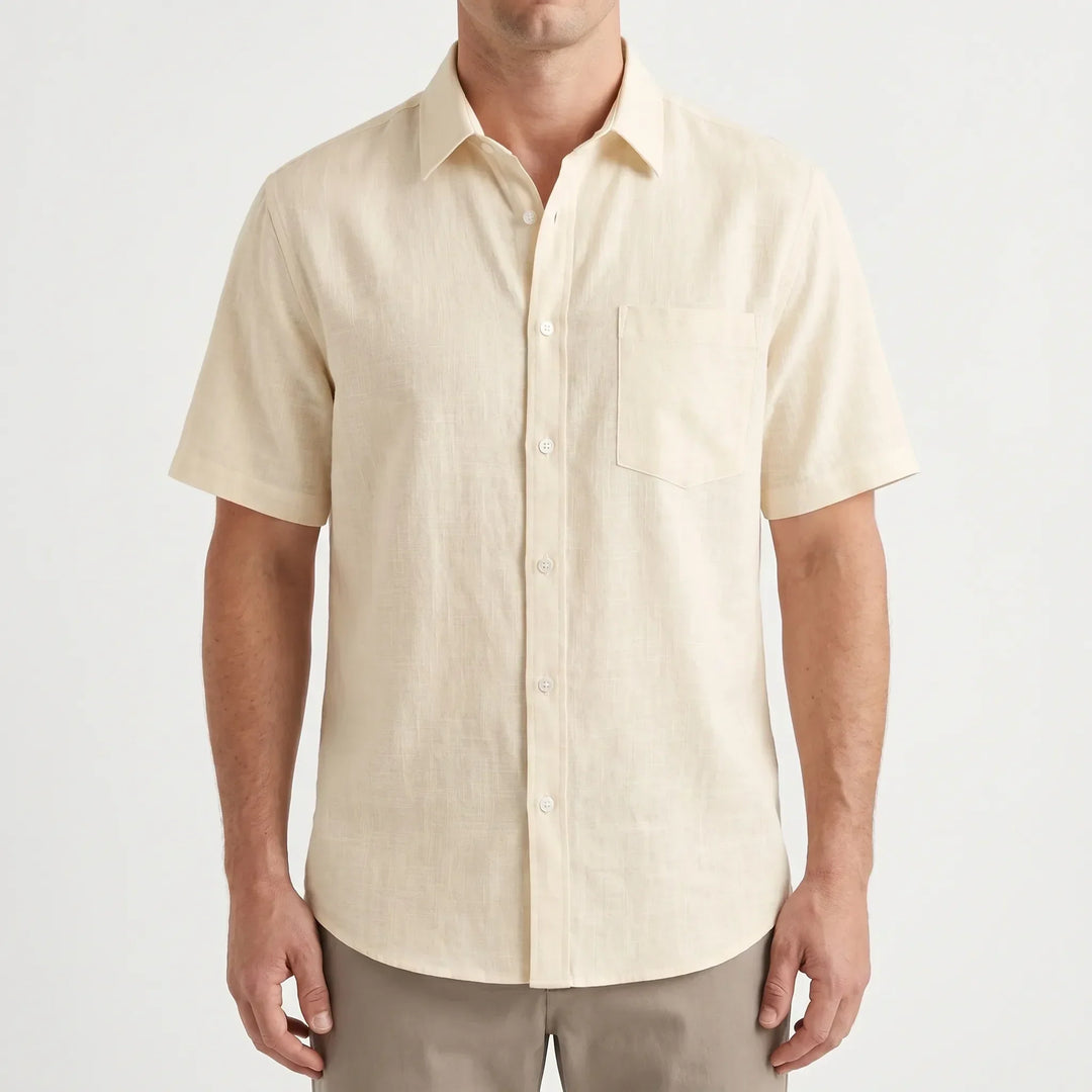 Comfortable men's short sleeve button down shirt with a relaxed fit, great for summer fashion.
