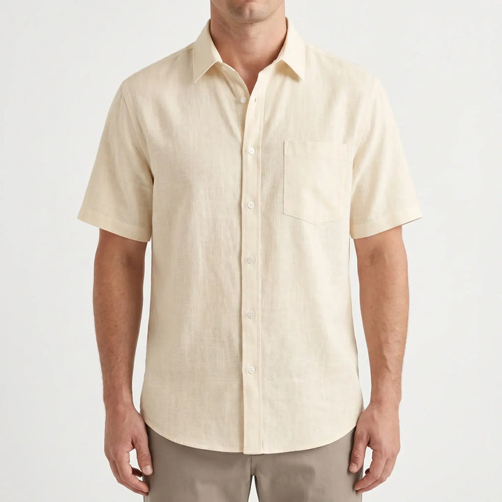 Comfortable men's short sleeve button down shirt with a relaxed fit, great for summer fashion.